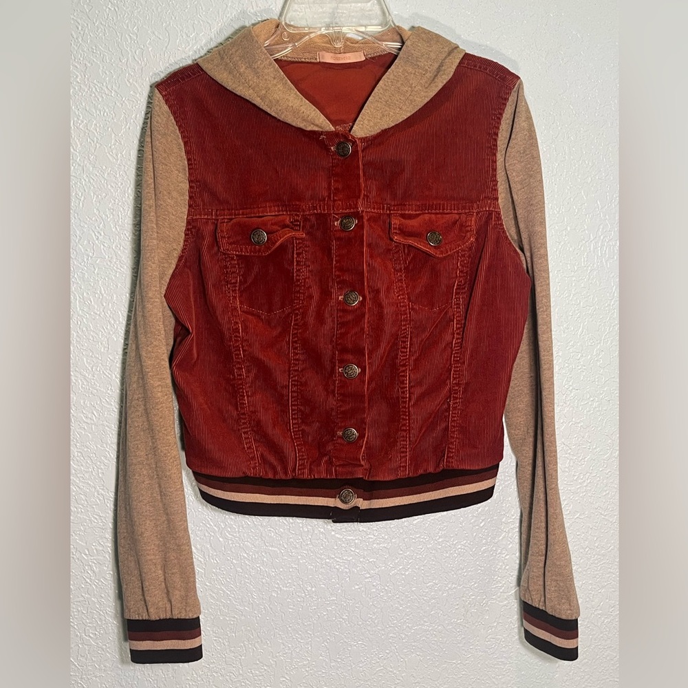FOREVER 21 VTG Y2K Rust Red & Tan Hooded Corduroy Varsity Jacket Size S